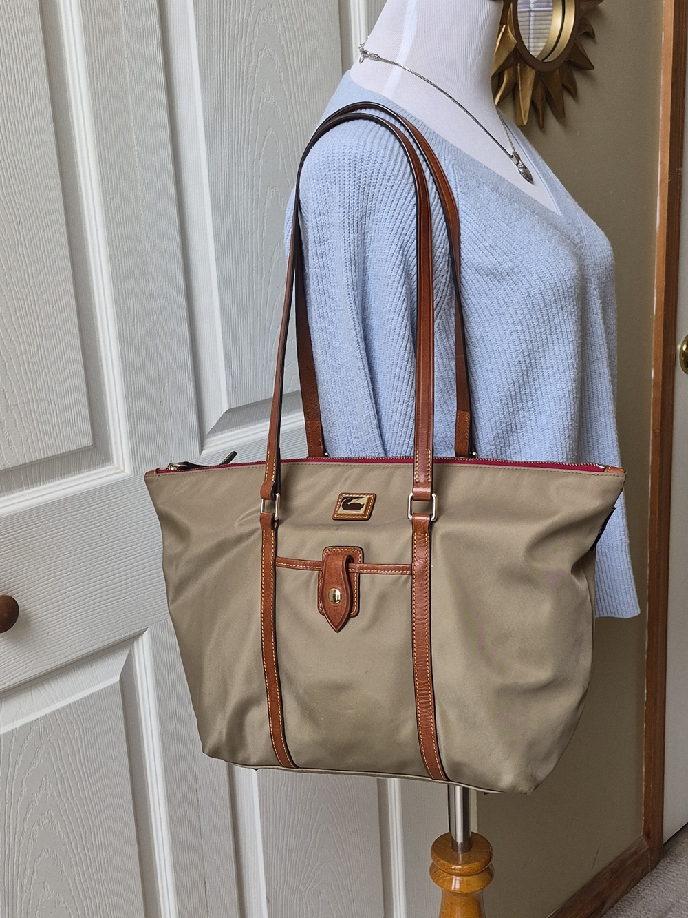 Dooney & Bourke Beige Tote with Brown Trim and Red Accent